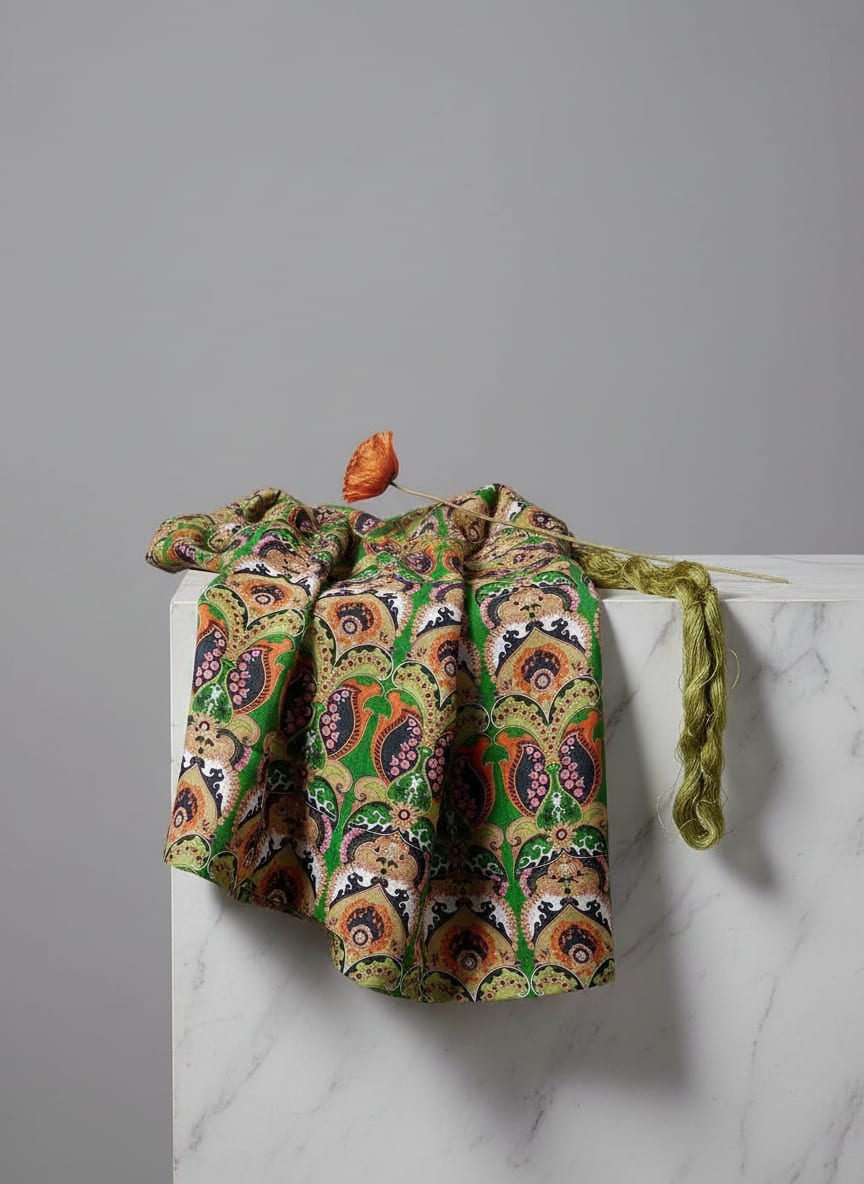 Green Bohemian Ethnic Paisley Weightless Digital Printed Fabric