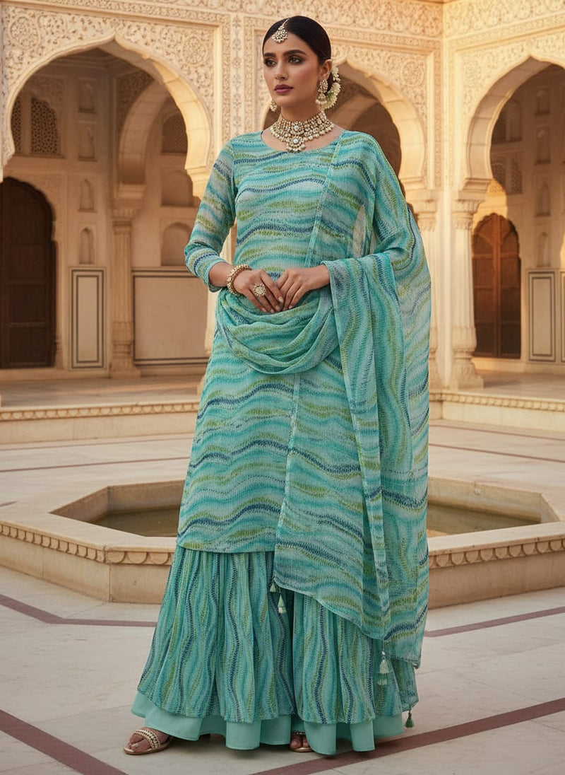 Green Abstract Ripple Stripes Pure Chiffon Digital Printed Fabric