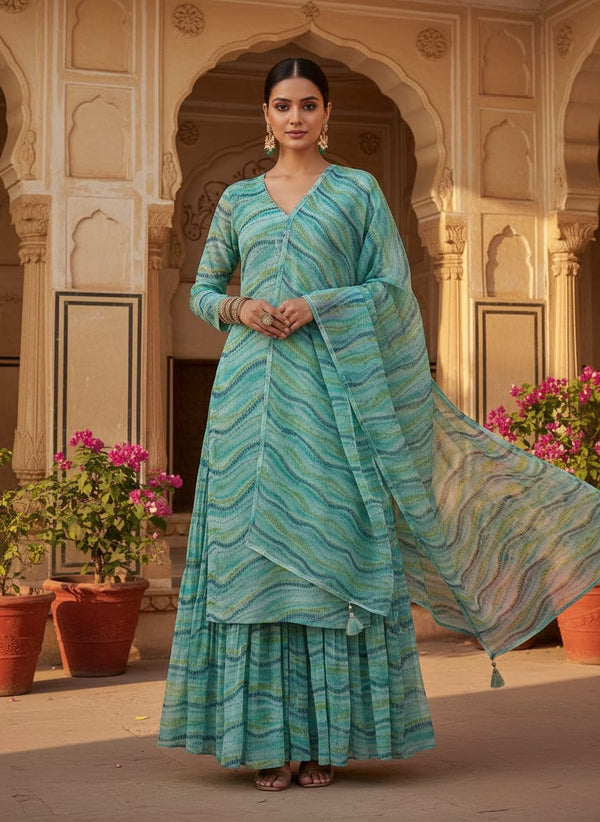 Green Abstract Ripple Stripes Pure Chiffon Digital Printed Fabric - Sharara Set Lookbook - PCH-0-MA09459-96 - alternate view
