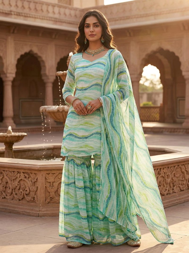 Green Abstract Wavy Stripes Pure Georgette Digital Printed Fabric