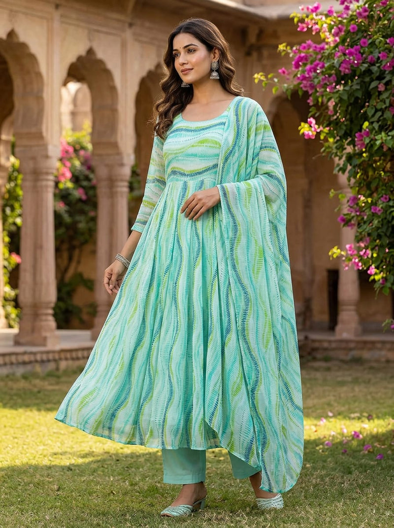 Green Abstract Wavy Stripes Pure Georgette Digital Printed Fabric