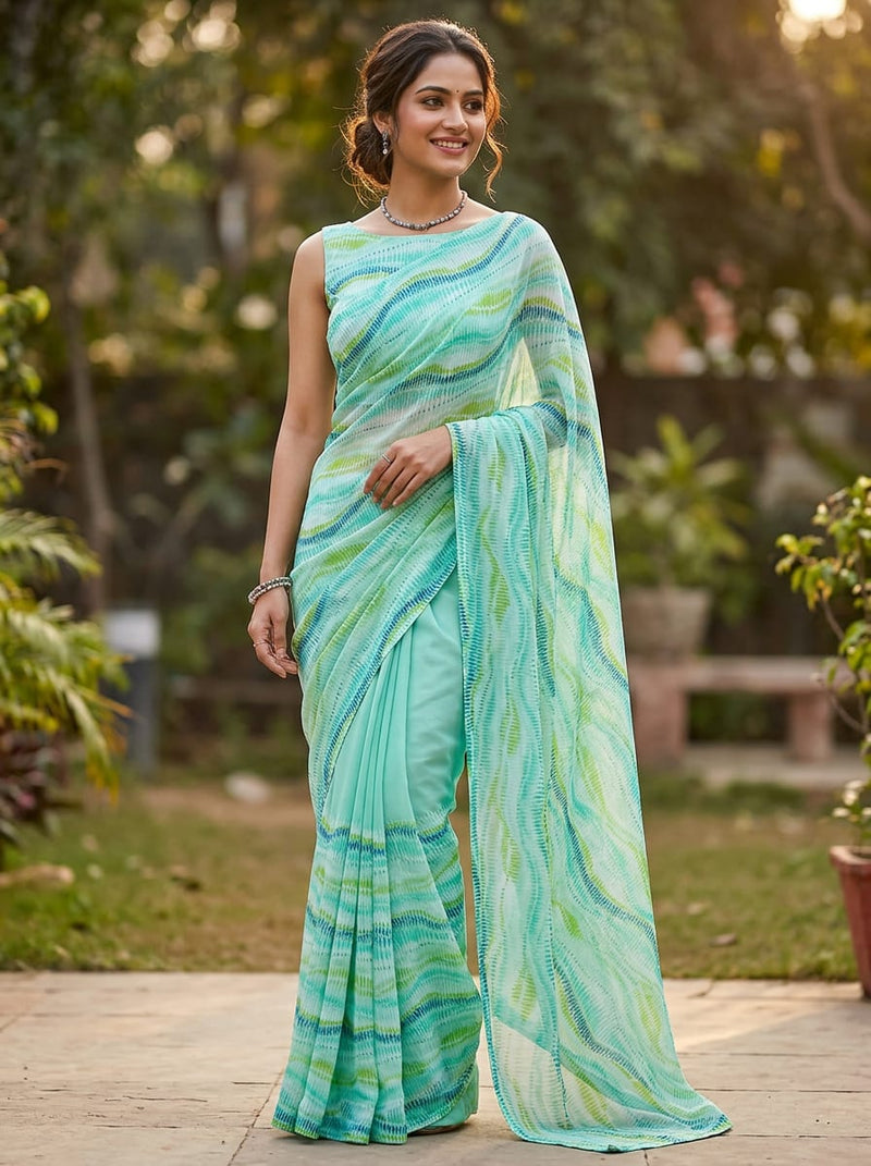Green Abstract Wavy Stripes Pure Georgette Digital Printed Fabric
