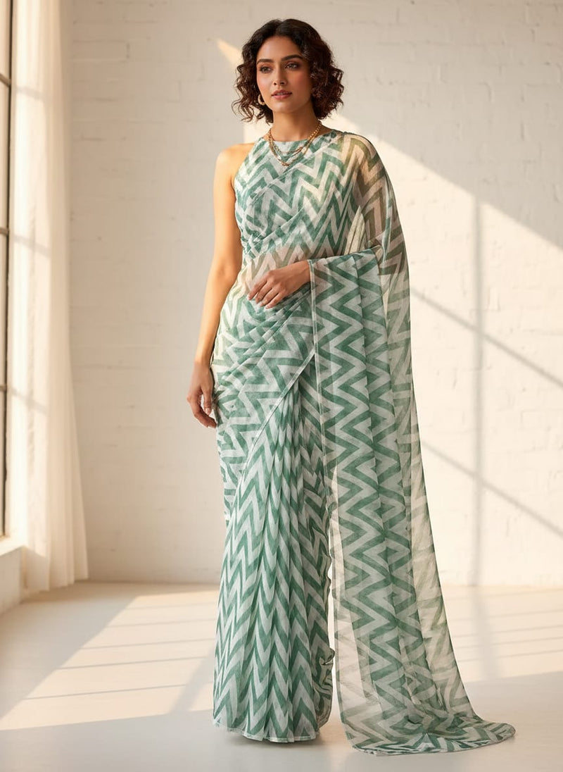 Green Geometric Chevron Pattern Pure Chiffon Digital Printed Fabric