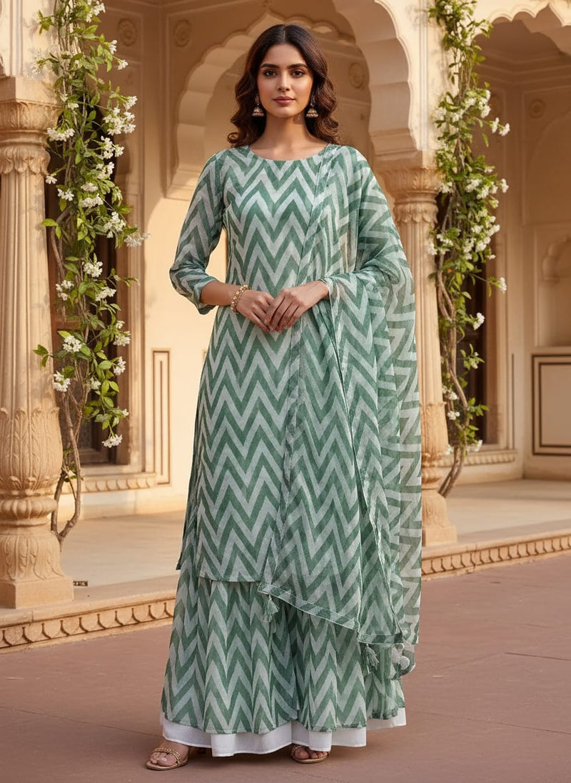 Green Geometric Chevron Pattern Pure Chiffon Digital Printed Fabric