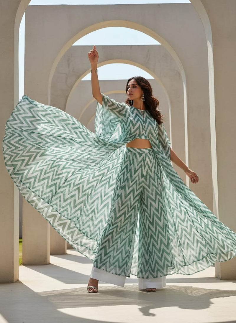 Green Geometric Chevron Pattern Pure Chiffon Digital Printed Fabric
