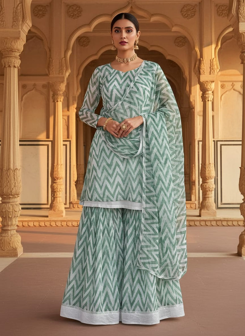 Green Geometric Chevron Pattern Pure Chiffon Digital Printed Fabric