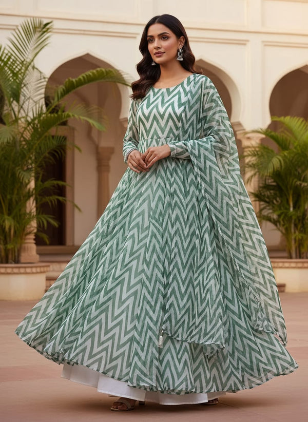 Green Geometric Chevron Pattern Pure Chiffon Digital Printed Fabric - Anarkali Kurta Set Lookbook - PCH-0-TA06040-96 - alternate view