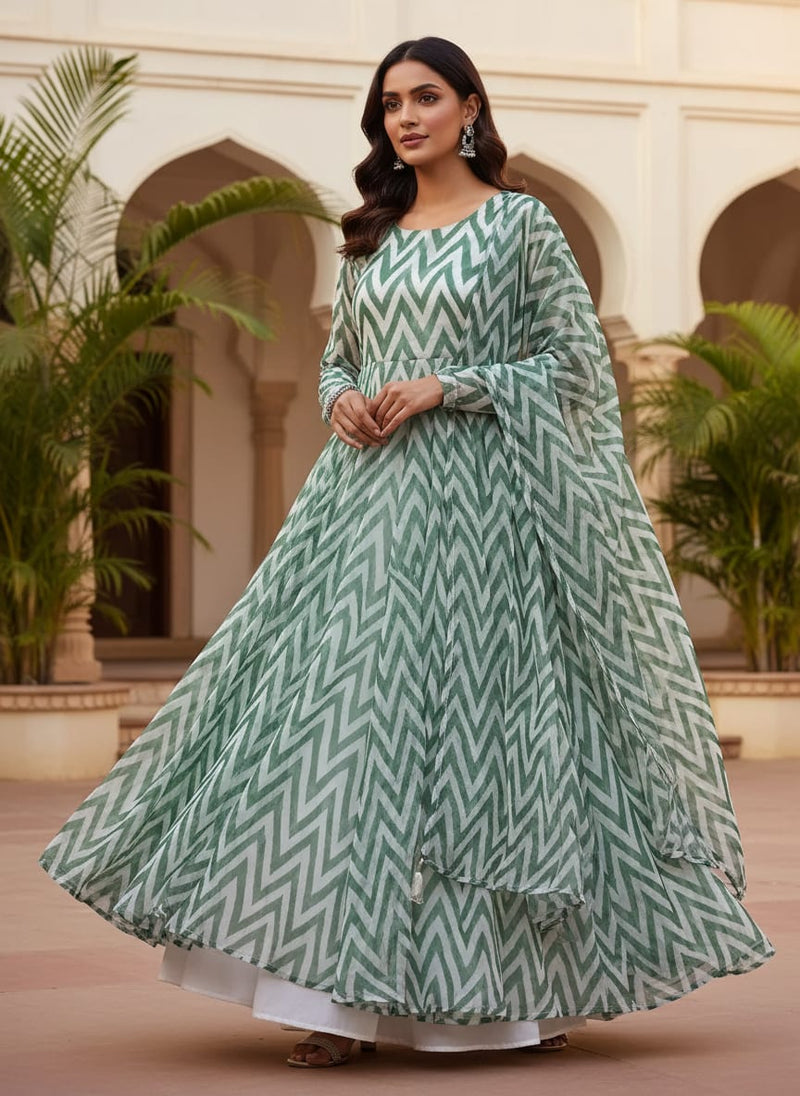 Green Geometric Chevron Pattern Pure Chiffon Digital Printed Fabric
