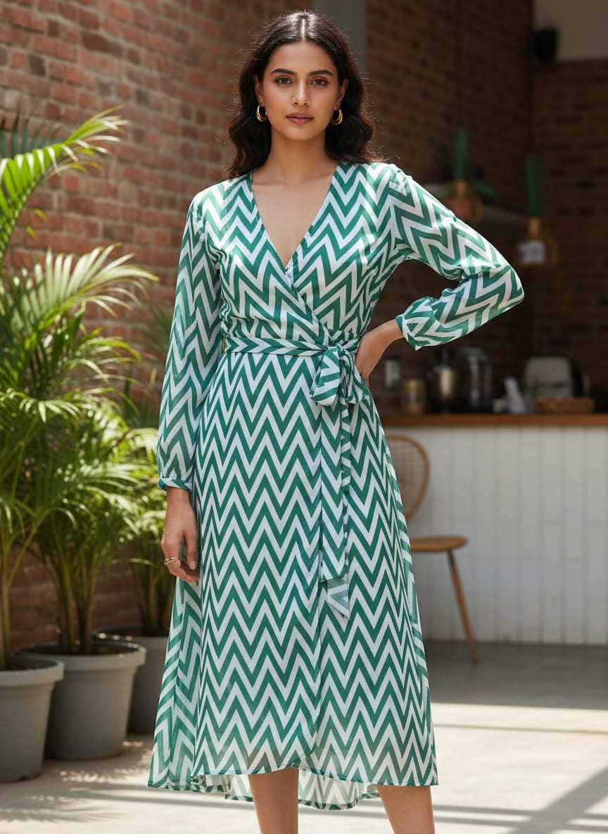 Green Geometric Chevron Pattern Weightless Digital Printed Fabric