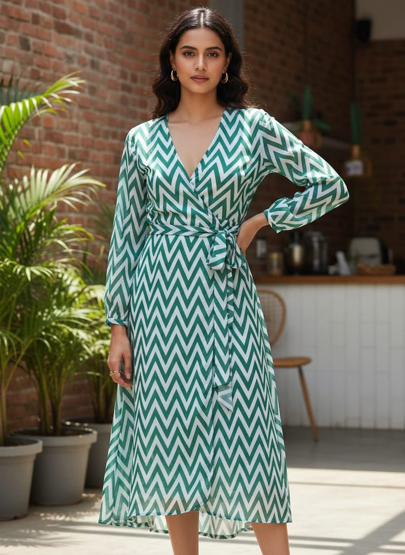Green Geometric Chevron Pattern Weightless Digital Printed Fabric