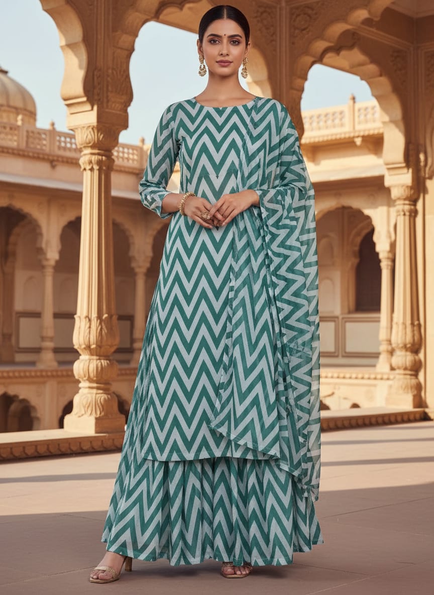 Green Geometric Chevron Pattern Weightless Digital Printed Fabric