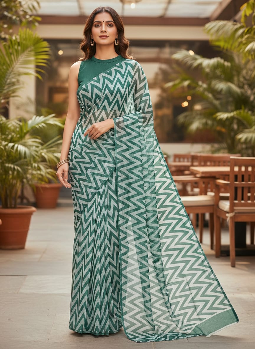 Green Geometric Chevron Pattern Weightless Digital Printed Fabric