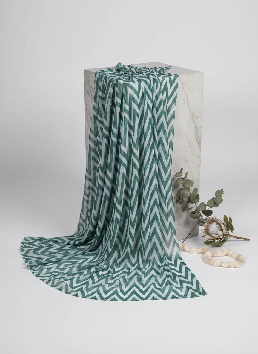 Green Geometric Chevron Pattern Weightless Digital Printed Fabric