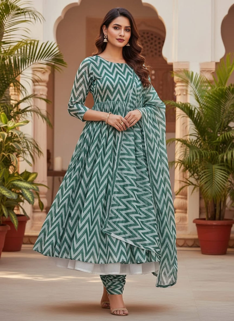 Green Geometric Chevron Pattern Weightless Digital Printed Fabric