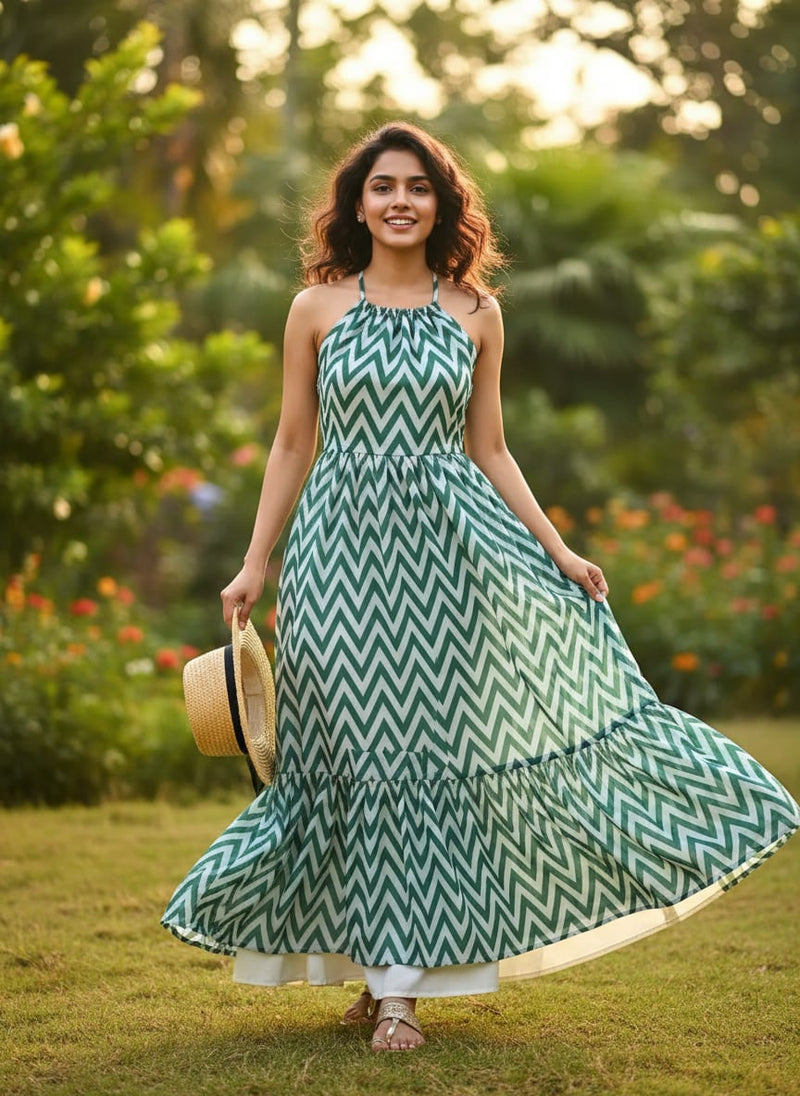Green Geometric Chevron Pattern Weightless Digital Printed Fabric