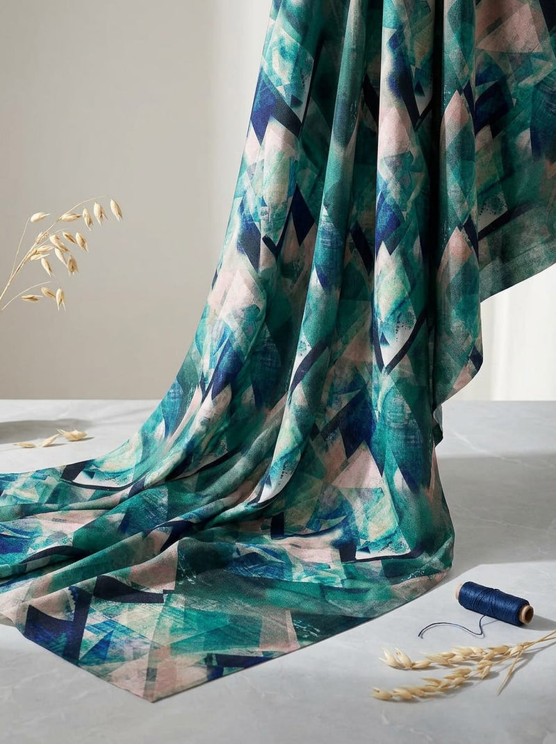 Multicolor Abstract Geometric Layers Silk Crepe Digital Printed Fabric