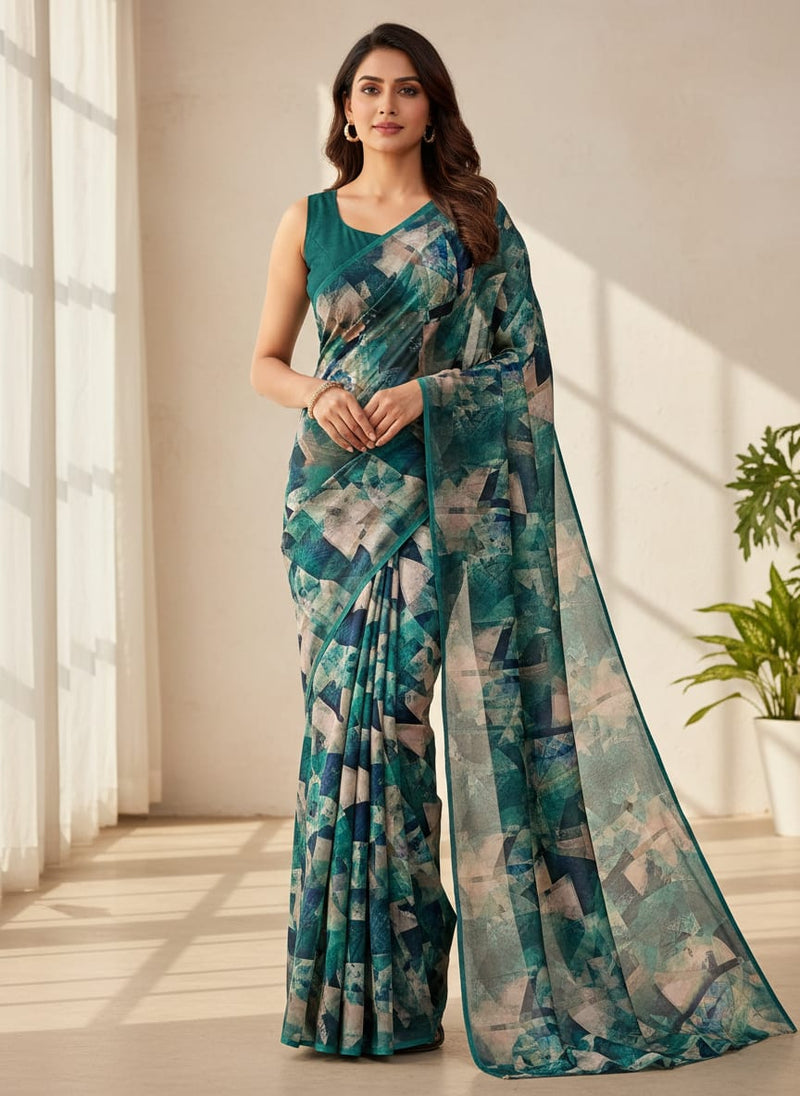 Multicolor Abstract Geometric Layers Silk Crepe Digital Printed Fabric