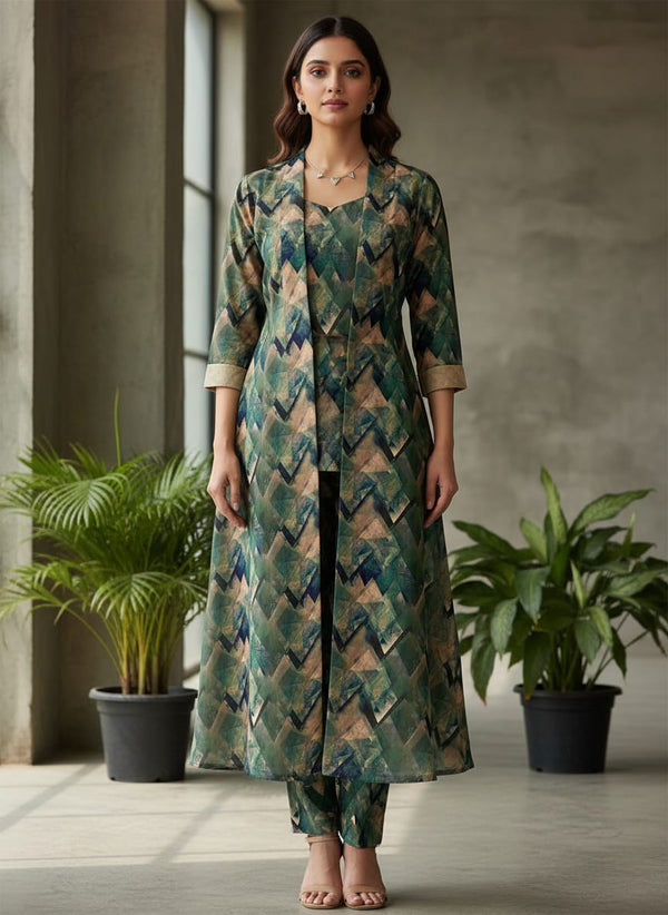 Multicolor Abstract Geometric Brushstroke Kora Silk Digital Printed Fabric - Jacket Kurta with Straight Pants Lookbook - KS-0-TA01156-110 - alternate view