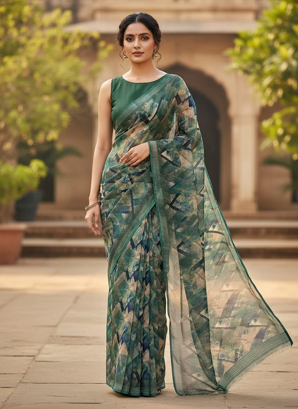 Multicolor Abstract Geometric Brushstroke Pure Chinon Digital Printed Fabric - Saree Lookbook - PC-0-TA01156-106 - alternate view