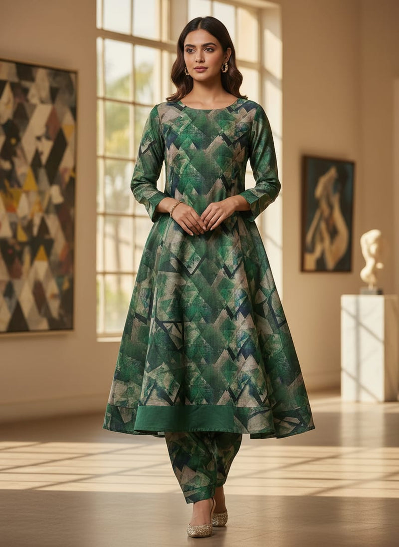 Green Abstract Geometric Brushstroke Tusser Silk Digital Printed Fabric