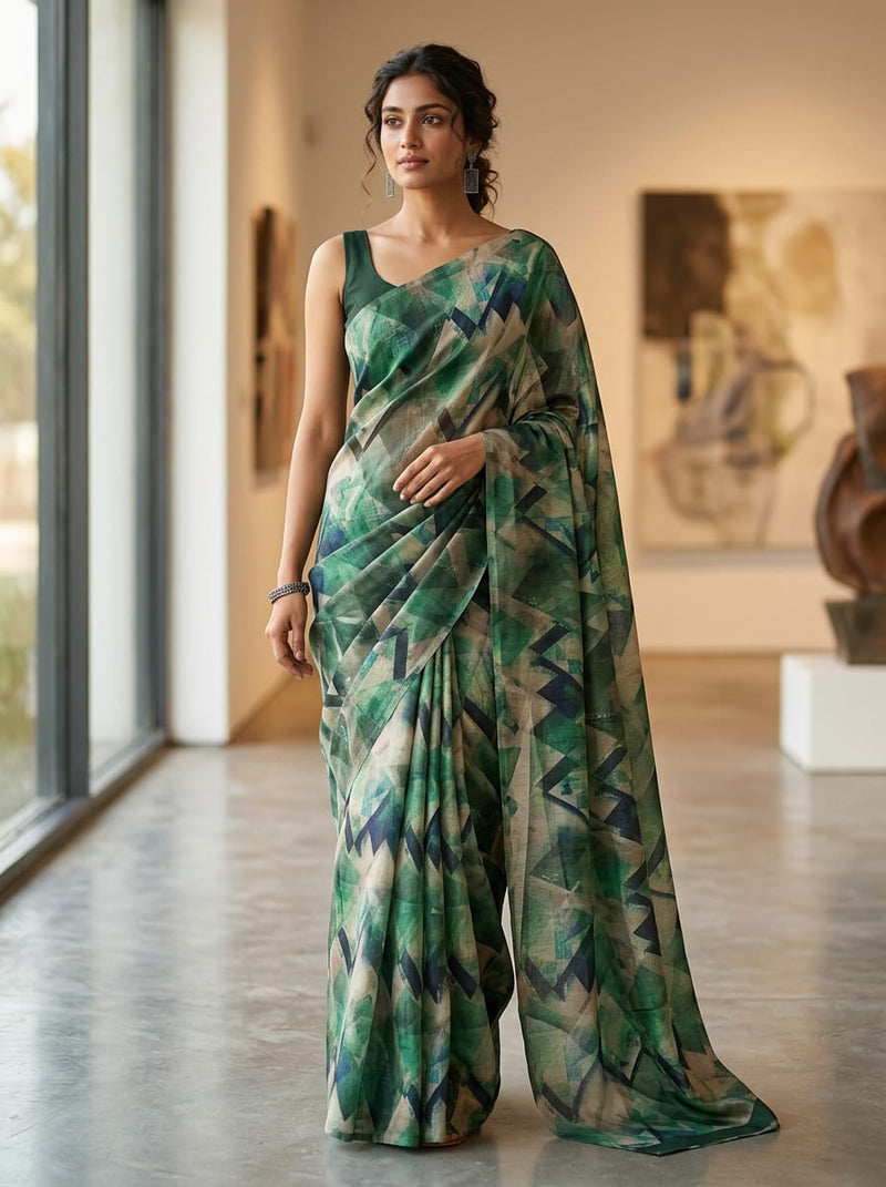 Green Abstract Geometric Brushstroke Tusser Silk Digital Printed Fabric
