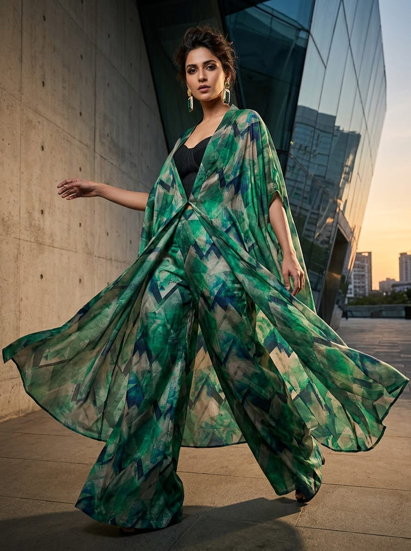 Green Abstract Geometric Brushstroke Tusser Silk Digital Printed Fabric