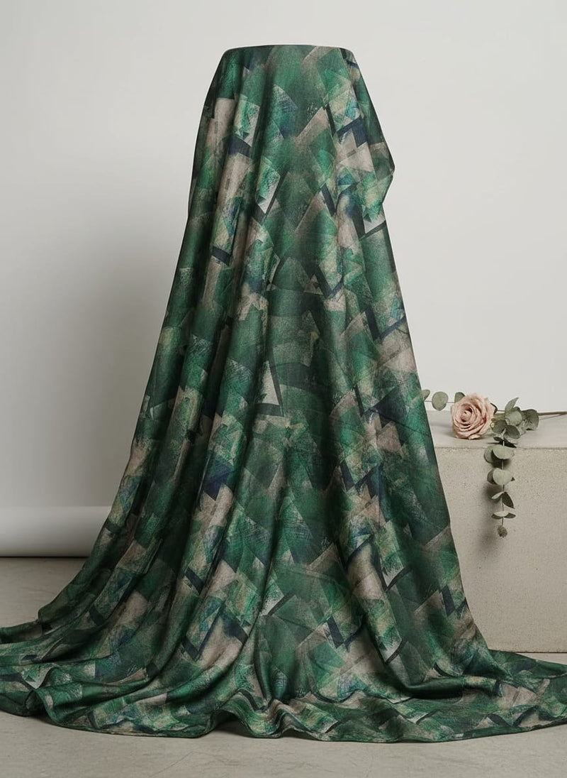 Green Abstract Geometric Brushstroke Tusser Silk Digital Printed Fabric