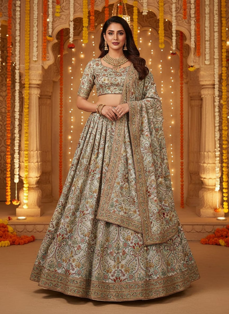 Multicolor Ethnic Paisley and Floral Pattern Kora Silk Digital Printed Fabric