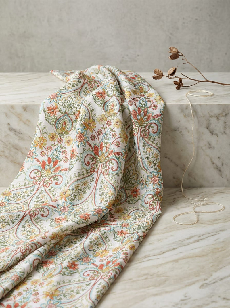 Multicolor Ethnic Paisley and Floral Pattern Kora Silk Digital Printed Fabric