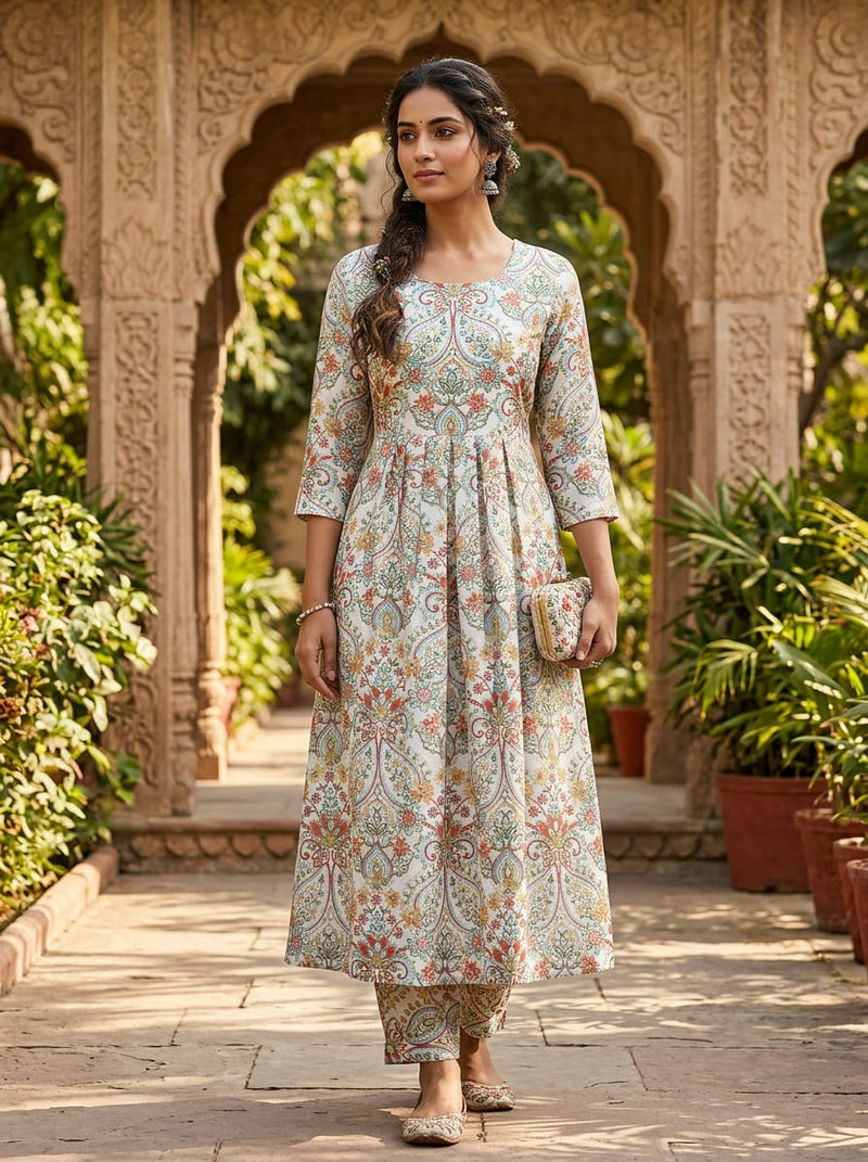 Multicolor Ethnic Paisley and Floral Pattern Kora Silk Digital Printed Fabric