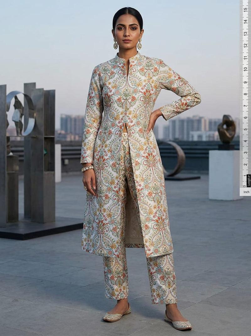 Multicolor Ethnic Paisley and Floral Pattern Kora Silk Digital Printed Fabric