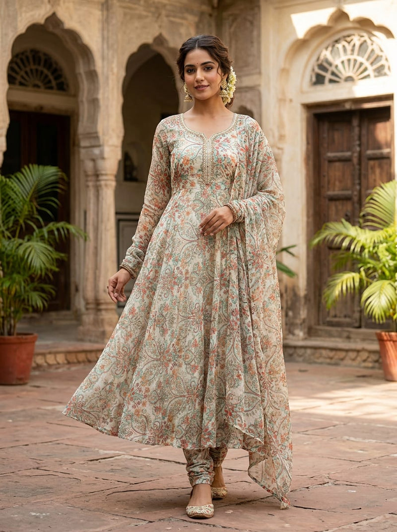 Multicolor Vintage Ethnic Paisley Pure Chiffon Digital Printed Fabric