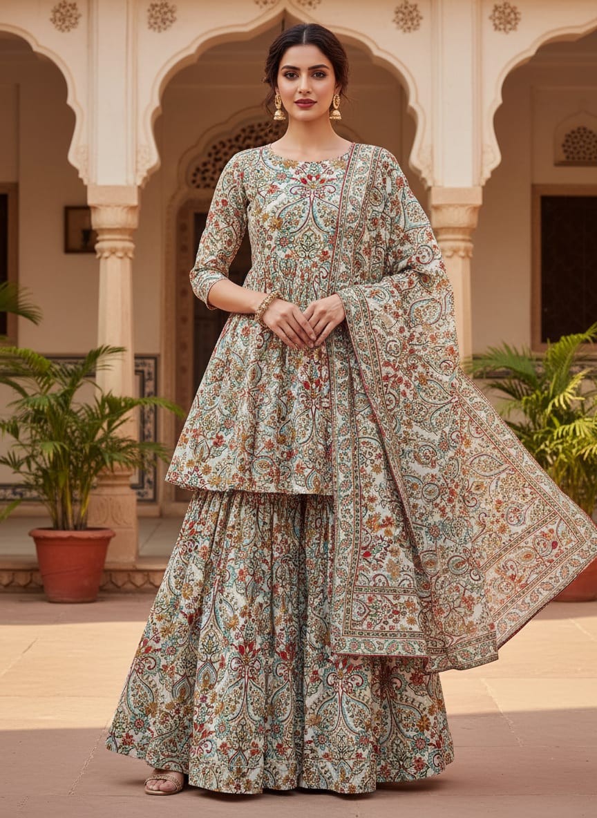 Multicolor Ethnic Paisley and Floral Damask Pure Chinon Digital Printed Fabric