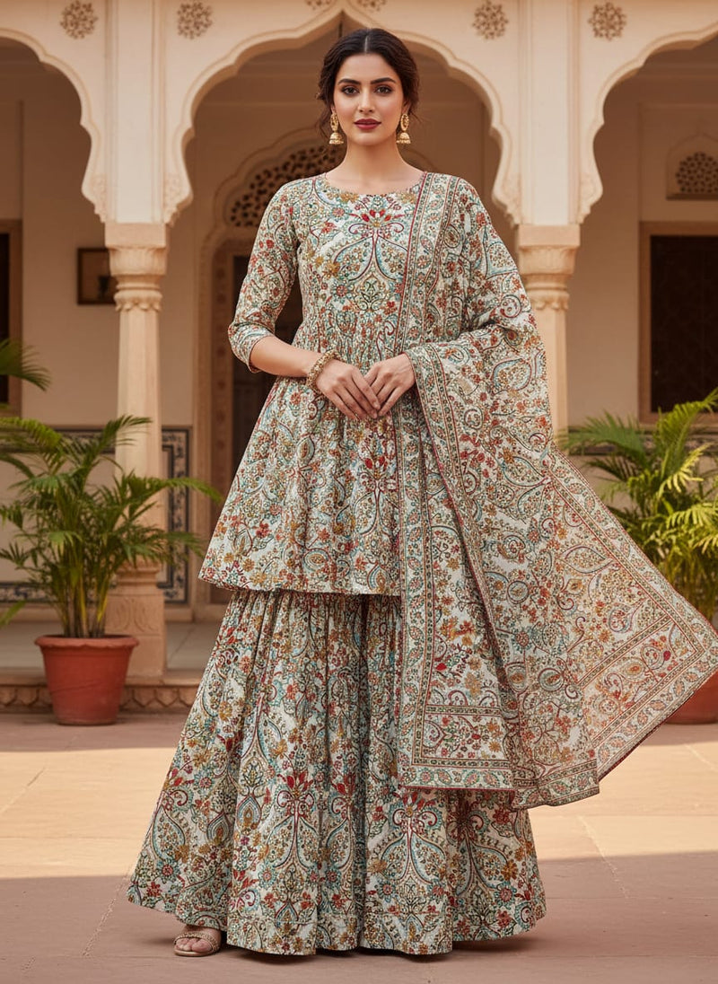 Multicolor Ethnic Paisley and Floral Damask Pure Chinon Digital Printed Fabric