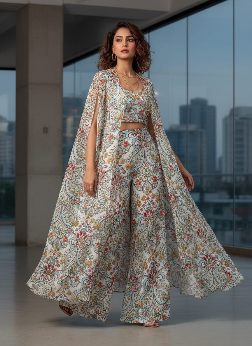 Multicolor Ethnic Paisley and Floral Damask Pure Chinon Digital Printed Fabric