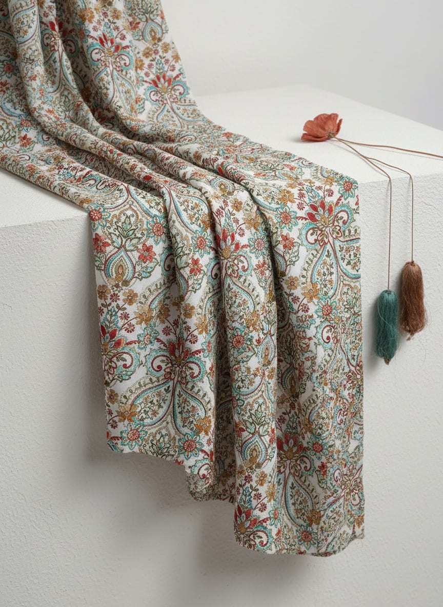 Multicolor Ethnic Paisley and Floral Damask Pure Chinon Digital Printed Fabric