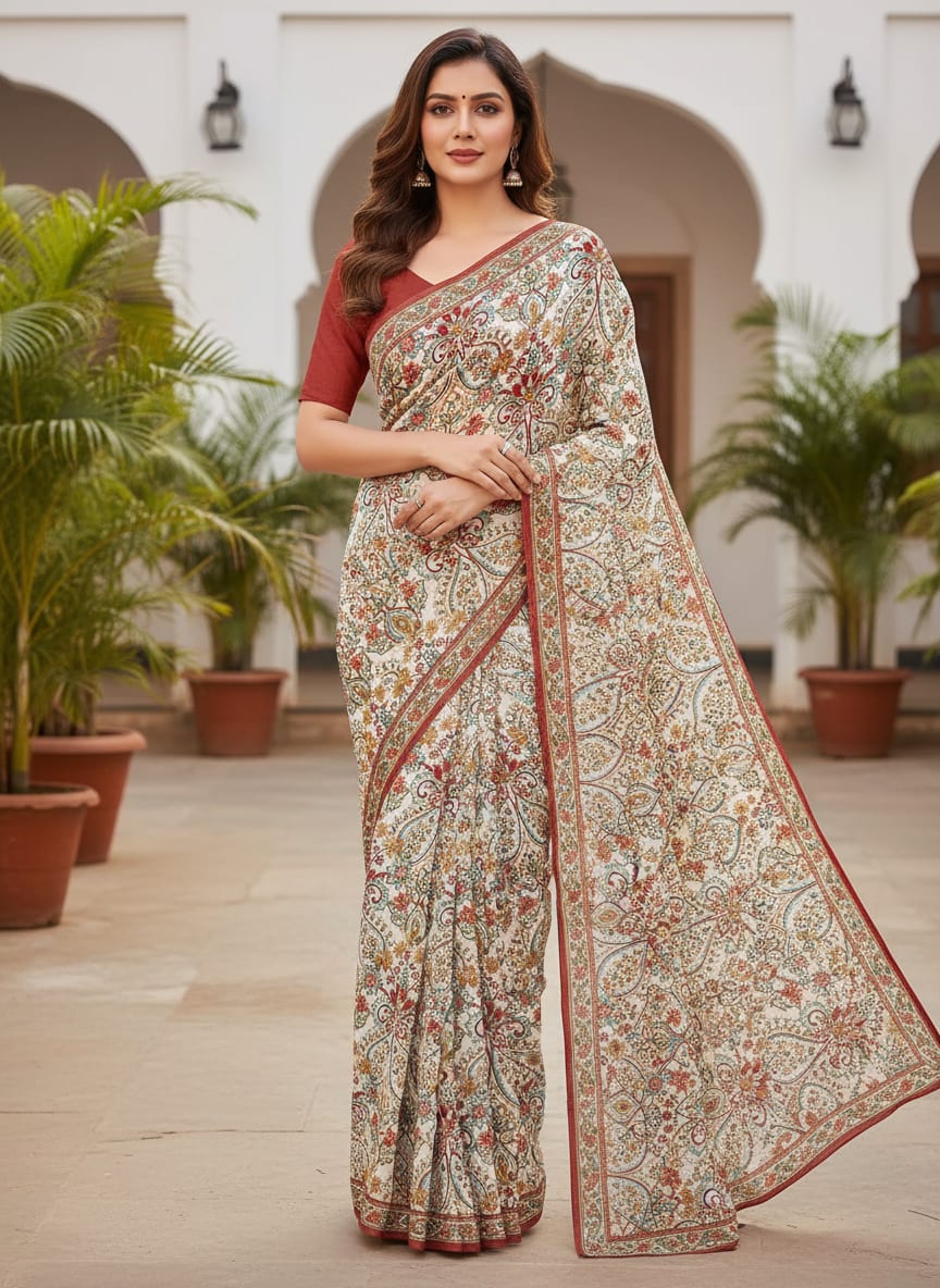 Multicolor Ethnic Paisley and Floral Damask Pure Chinon Digital Printed Fabric