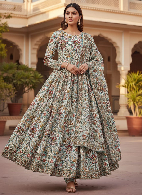 Multicolor Ethnic Paisley and Floral Damask Pure Chinon Digital Printed Fabric - Anarkali Kurta Set Lookbook - PC-0-TA01081-106 - alternate view