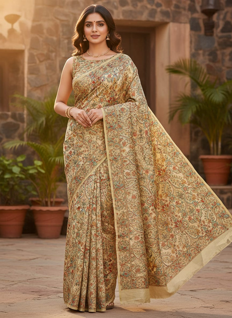 Cream Ethnic Paisley Floral Tusser Silk Digital Printed Fabric