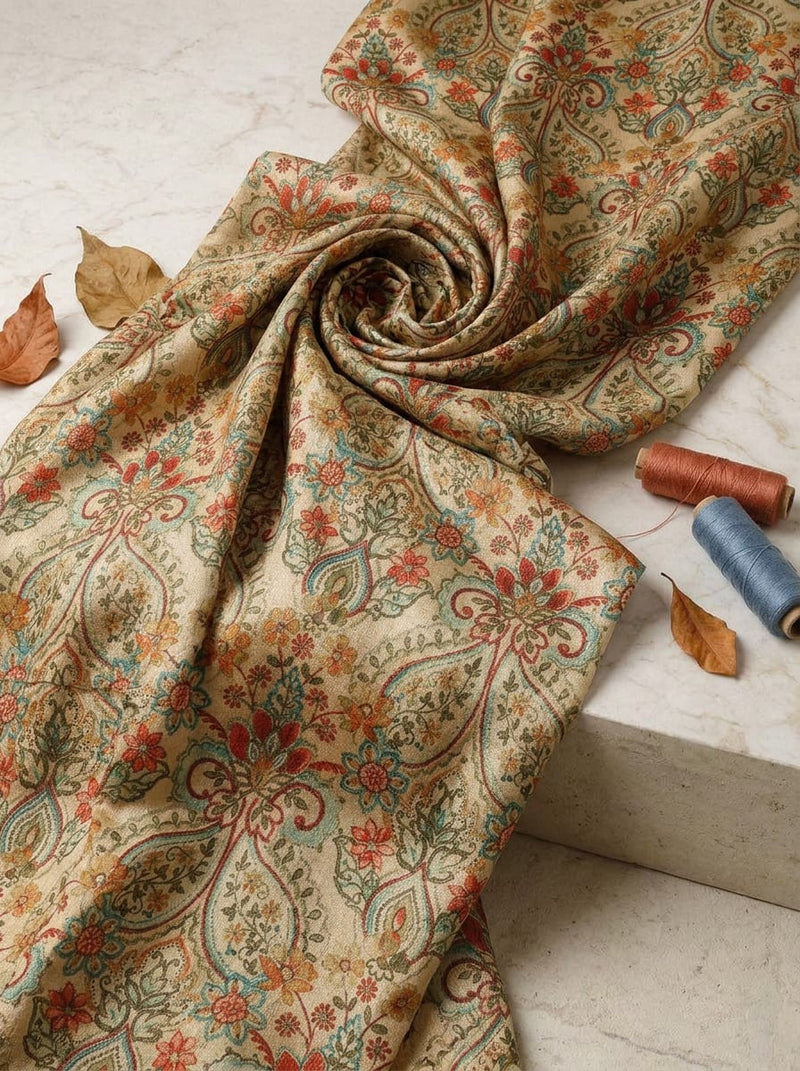 Cream Ethnic Paisley Floral Tusser Silk Digital Printed Fabric