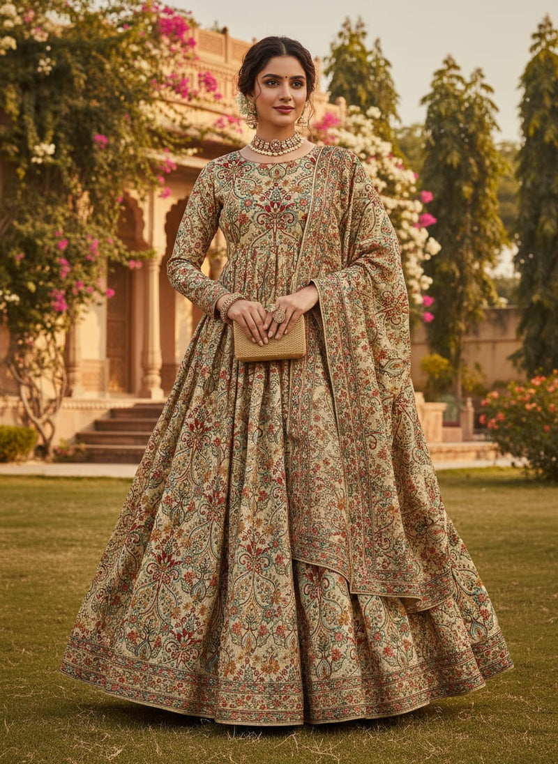 Cream Ethnic Paisley Floral Tusser Silk Digital Printed Fabric