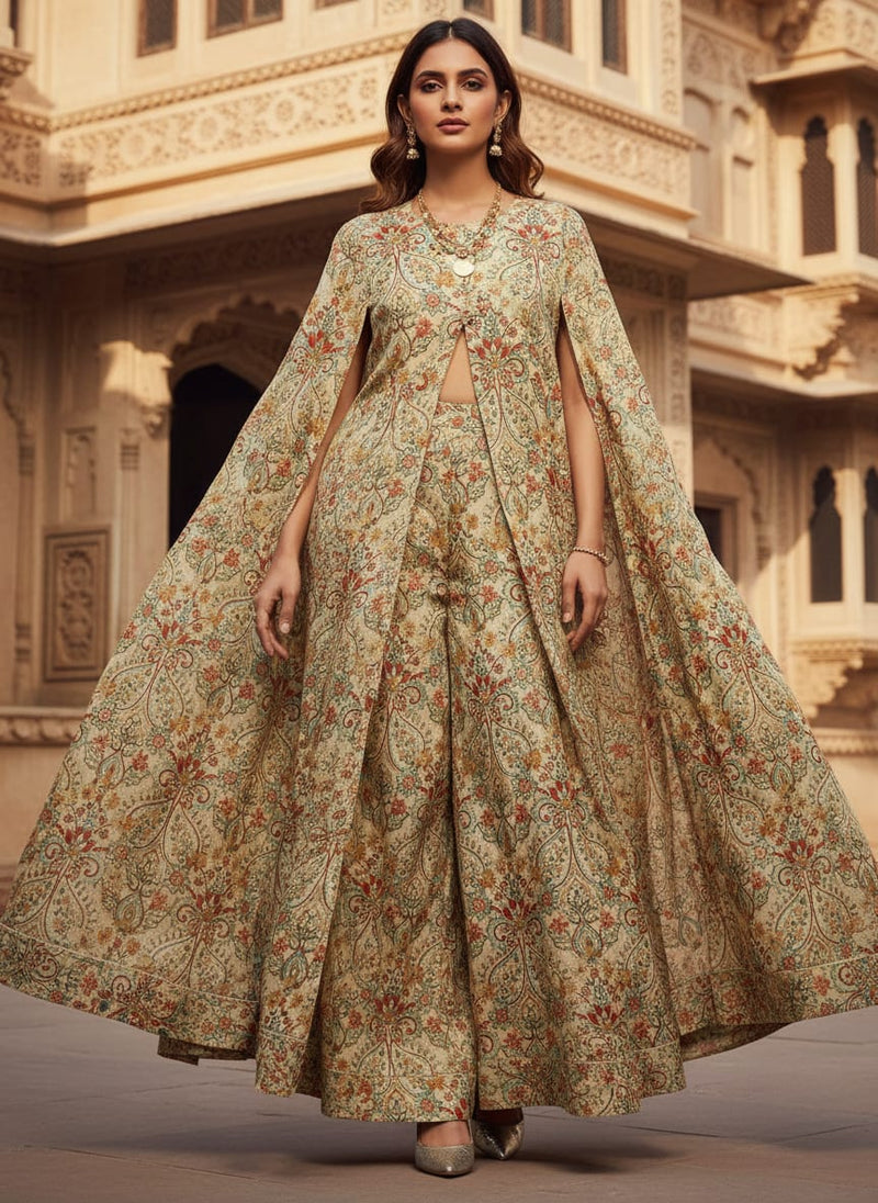 Cream Ethnic Paisley Floral Tusser Silk Digital Printed Fabric