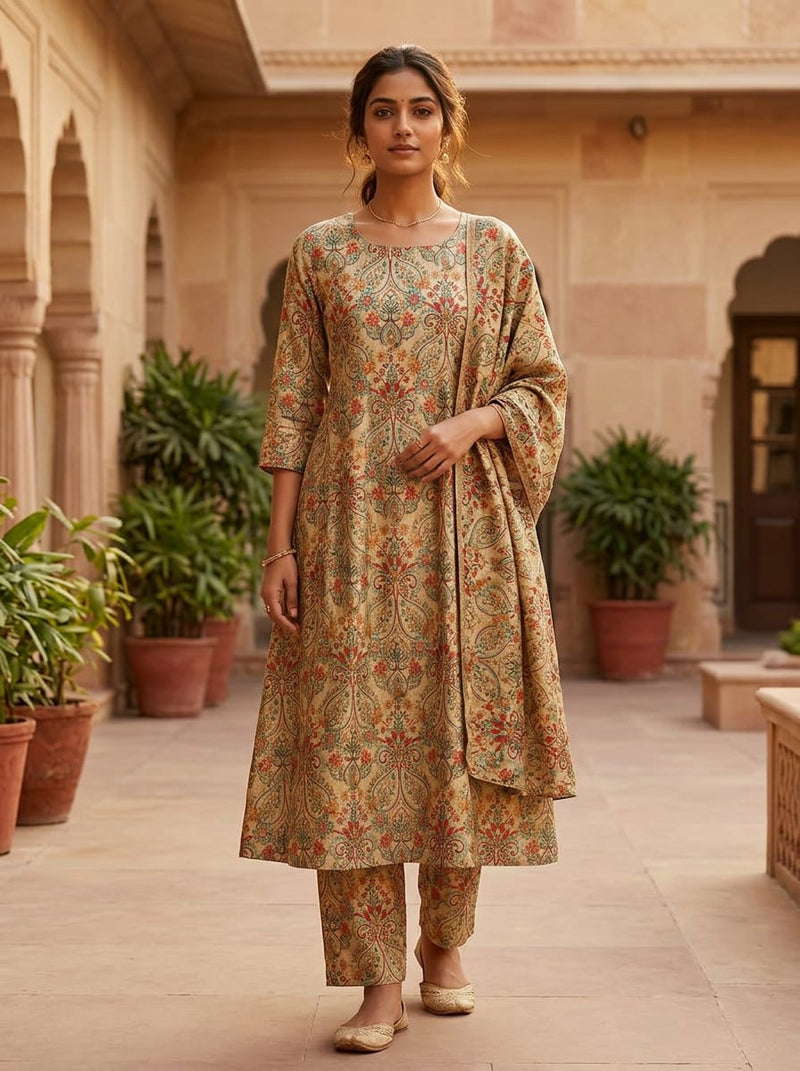 Cream Ethnic Paisley Floral Tusser Silk Digital Printed Fabric