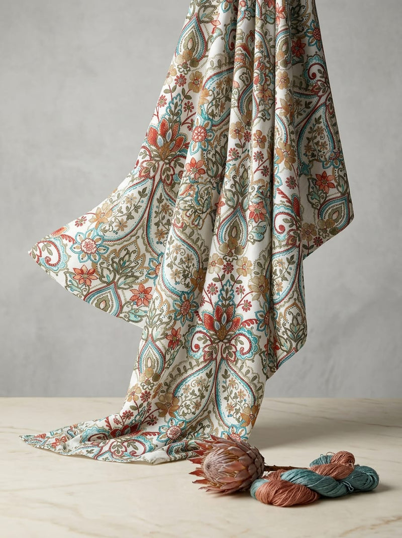 Multicolor Ethnic Paisley and Floral Damask Weightless Digital Printed Fabric