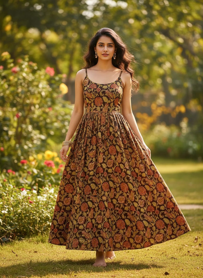Brown Vintage Ethnic Floral Vine Muslin Digital Printed Fabric