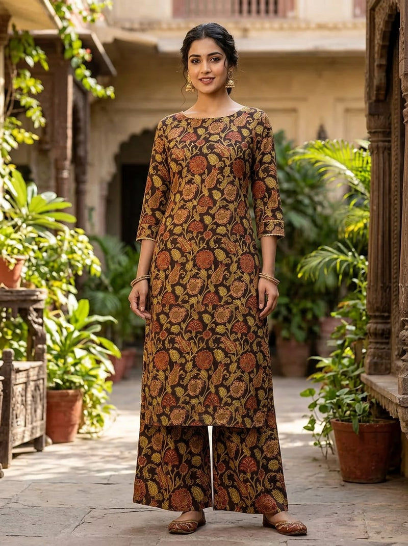Brown Vintage Ethnic Floral Vine Muslin Digital Printed Fabric