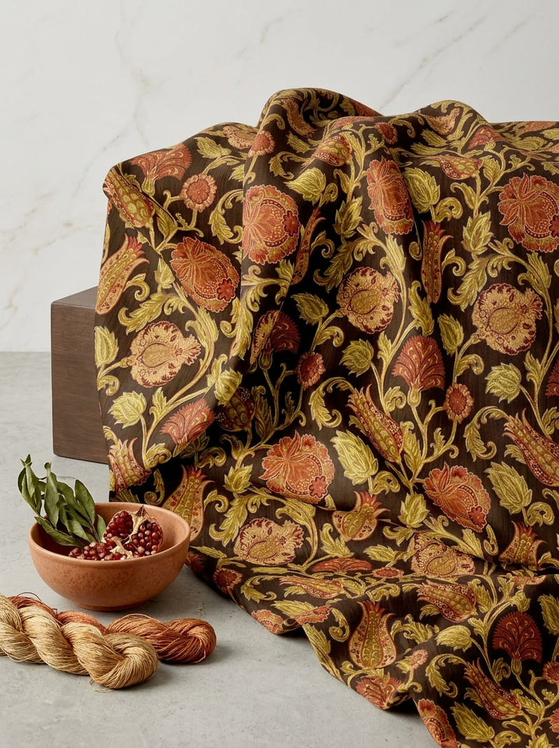 Brown Vintage Ethnic Floral Vine Muslin Digital Printed Fabric
