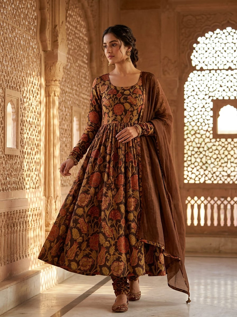 Brown Ethnic Damask Floral Tusser Silk Digital Printed Fabric