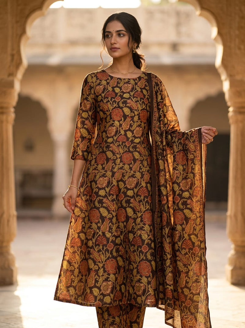 Brown Ethnic Damask Floral Tusser Silk Digital Printed Fabric