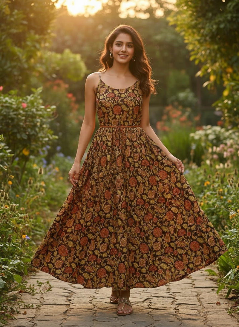 Brown Ornate Botanical Floral Print Weightless Digital Printed Fabric